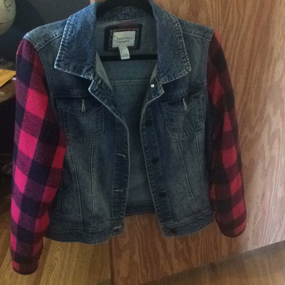Jean jacket with plaid sleeves